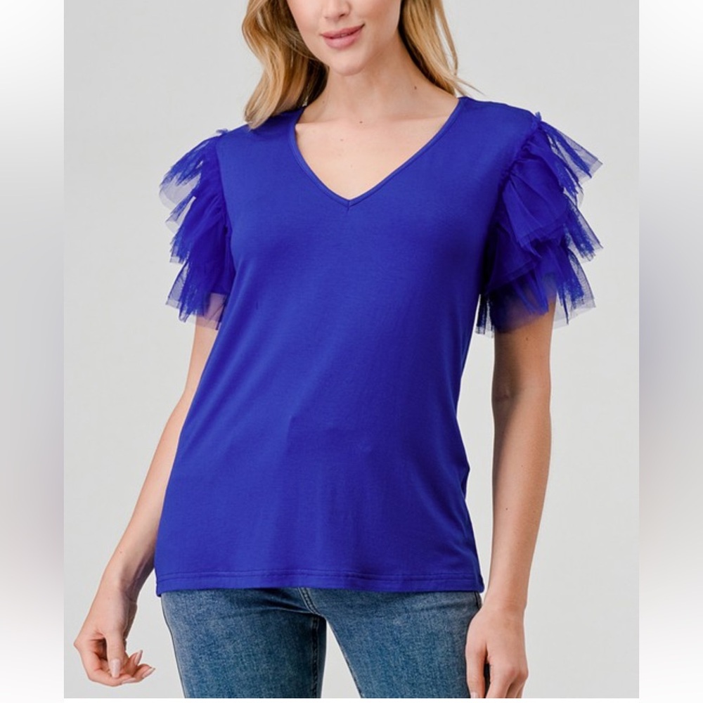 ShopEvelynne Cobalt Blue Ruffle Sleeve Tee
